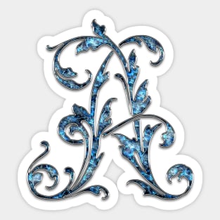 Ornate Blue Silver Letter A Sticker